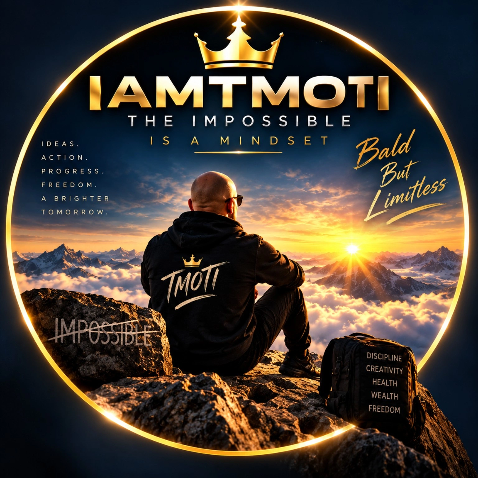 IAMTMOTI mountain artwork: a bald man overlooking a golden sunrise, framed by a crown and golden ring