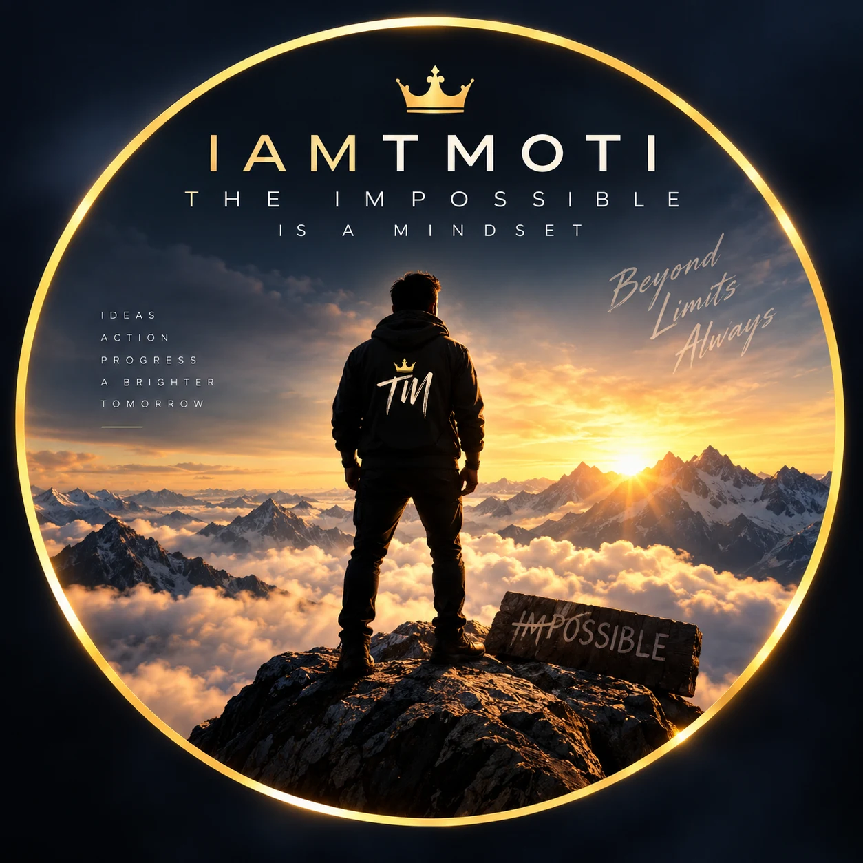 IAMTMOTI emblem overlooking a golden mountain sunrise